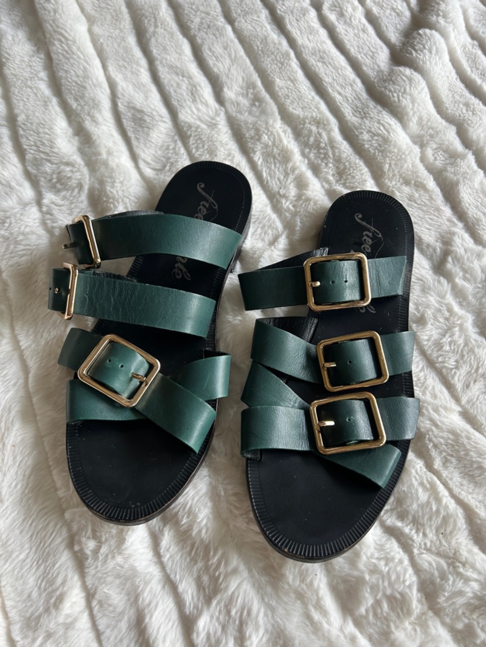 Free People Dark Green Triple-Buckle Slide Sandals with Gold Buckles